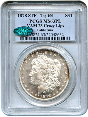 image for: 1878 8TF $1 PCGS/CAC MS63 PL (VAM-23, Crazy Lips)