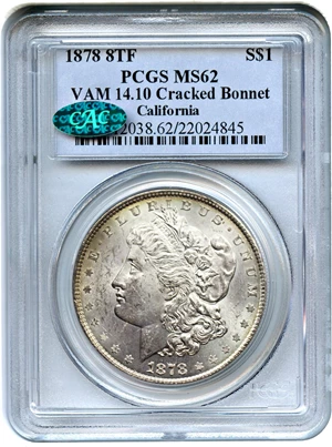 image for: 1878 8TF $1 PCGS/CAC MS62 (VAM-14.10 Cracked Bonnet)