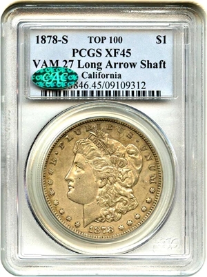 image for: Top 100 VAM: 1878-S $1 PCGS/CAC XF45 (VAM-27, Long Arrow Shaft)