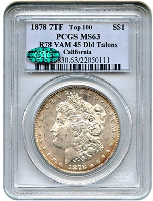 image for: Top 100 VAM: 1878 7TF $1 PCGS/CAC MS63 (Reverse of 1878, VAM-45, Dbl Talons)