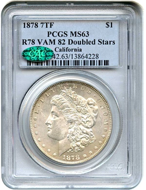 image for: 1878 7TF $1 PCGS/CAC MS63 (Reverse of 1878, VAM-82, Doubled Stars)