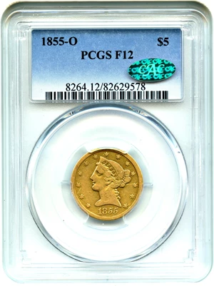 image for: 1855-O $5 PCGS/CAC F12