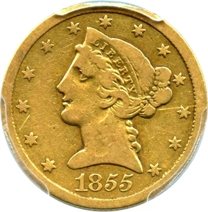 image for: 1855-O $5 PCGS/CAC F12