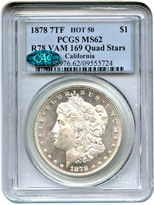 image for: 1878 7TF $1 PCGS/CAC MS62 (Reverse of 1878, VAM-169, Quad Stars)