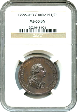 image for: Great Britain: 1799 SOHO 1/2P NGC MS65 BN