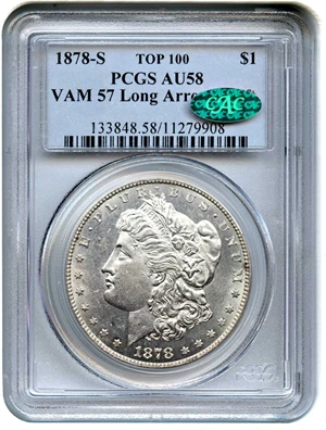 image for: Top 100 VAM: 1878-S $1 PCGS/CAC AU58 (VAM-57, Long Arrow Shaft)