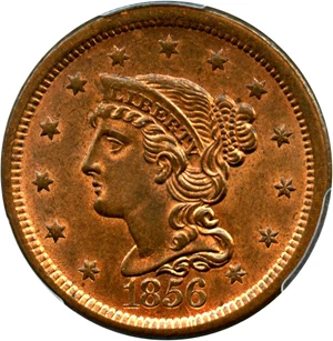 image for: 1856 1c PCGS/CAC MS64 RB (Slanted 5)