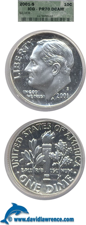 image for: 2001-S 10c Silver ICG Proof 70 DCameo