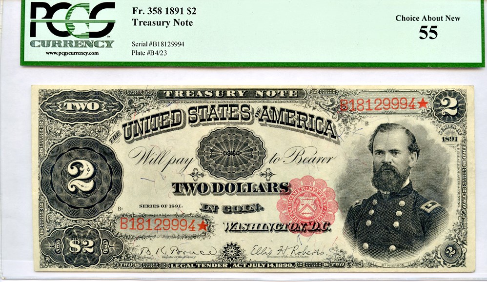image for: FR. 358 1891 $2 Treasury Note PCGS About New 55