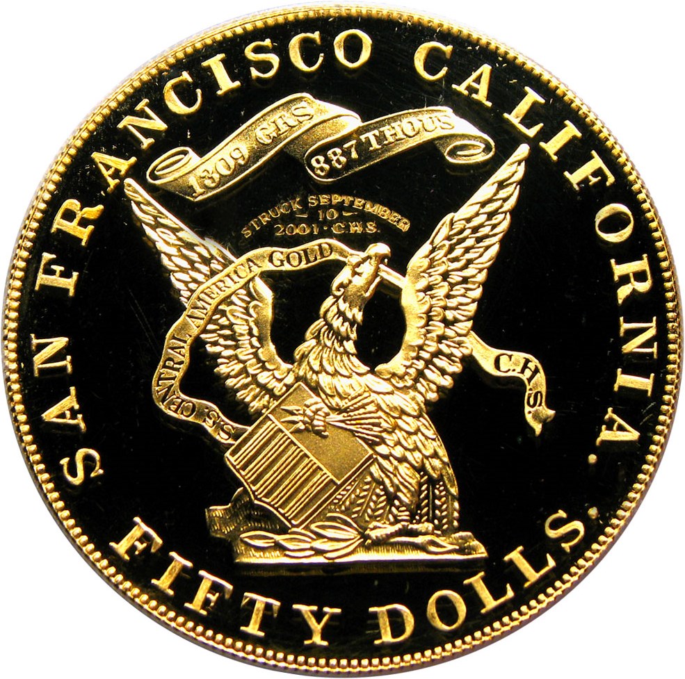 image for: SS Central America Shipwreck: 1855 Kellogg $50 Restrike PCGS Gem Proof (Box and COA)