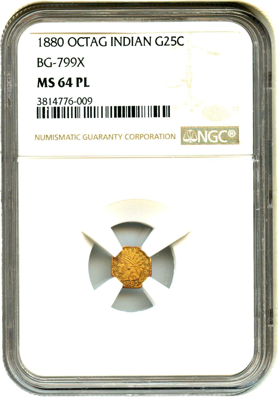 image for: 1880 Cal. Gold 25c NGC MS64 PL (BG-799X, Octagonal Indian)