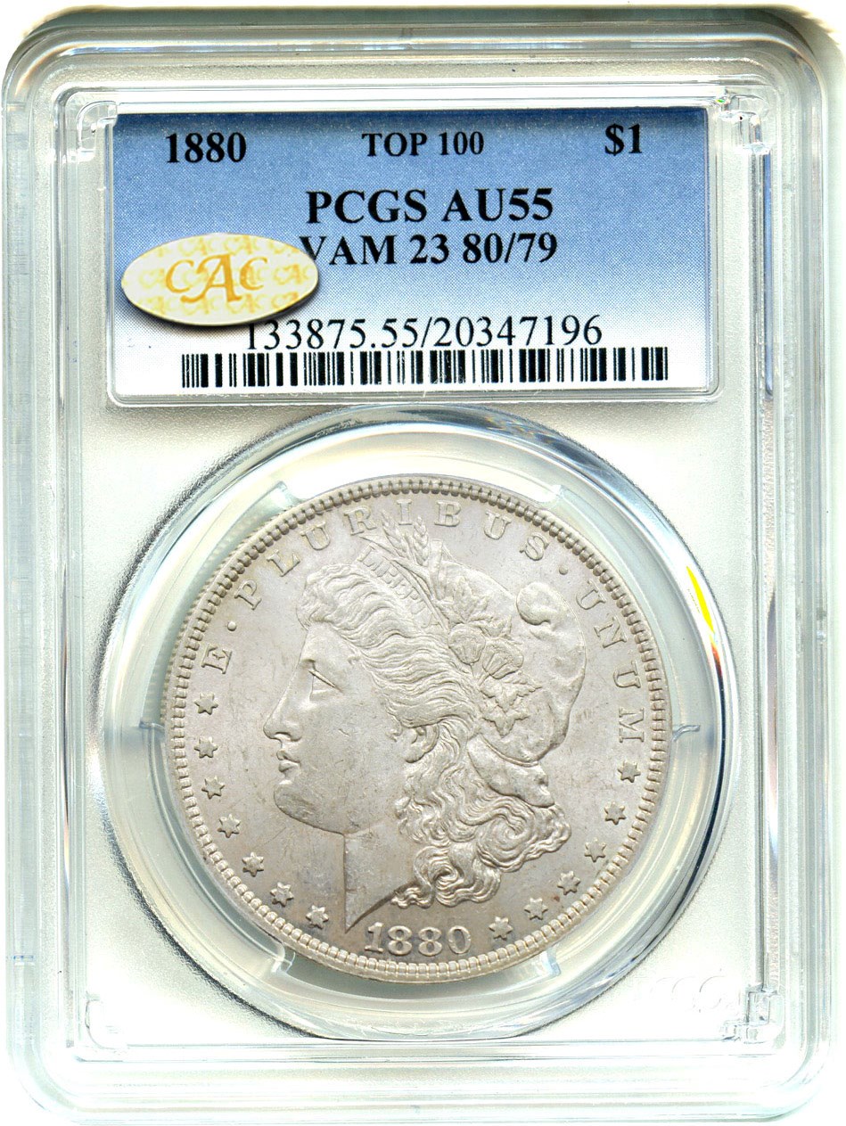 image for: 1880 $1 PCGS/CAC AU55 (VAM-23, 80/79) *Gold CAC*