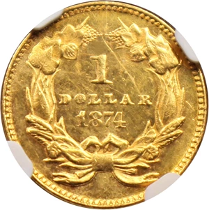 image for: 1874 G$1 NGC UNC Details (Rev Scratched)