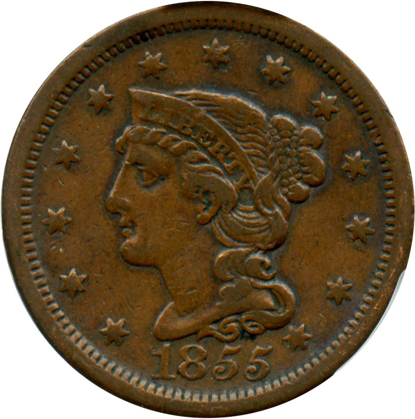 image for: 1855 1c PCGS VF30  (Slanted 55)