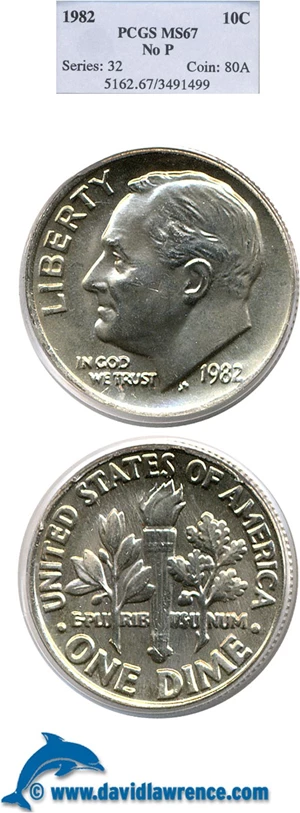 image for: 1982 10c No P PCGS MS67