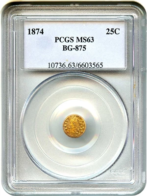 image for: 1874 Cal. Gold 25c PCGS MS63 (BG-875)