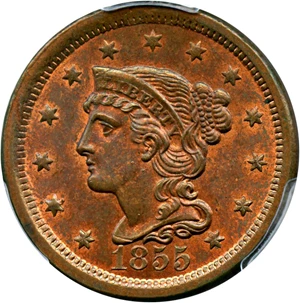 image for: 1855 1c PCGS/CAC MS64 RB (Upright 55)