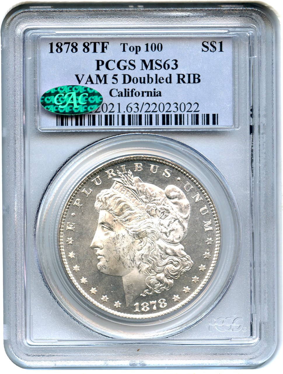 image for: Top 100 VAM: 1878 8TF $1 PCGS/CAC MS63 (VAM-5, Doubled RIB)