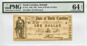 image for: North Carolina, Raleigh $1 Oct. 16th, 1861 PMG MS63 EPQ (NCCR38-1)