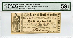 image for: North Carolina, Raleigh $1 Oct. 16th, 1861 PMG AU58 EPQ (NCCR38)