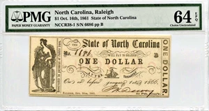image for: North Carolina, Raleigh $1 Oct. 16th, 1861 PMG MS64 EPQ (NCCR38-1)