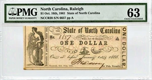 image for: North Carolina, Raleigh $1 Oct. 16th, 1861 PMG CU63 EPQ (NCCR38)