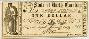 image for: North Carolina, Raleigh $1 Oct. 16th, 1861 PMG MS63 EPQ (NCCR38)