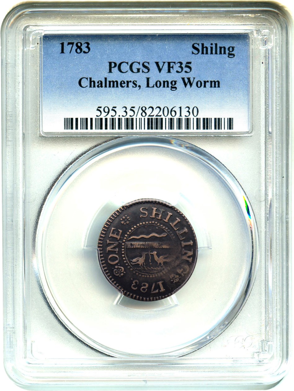 image for: 1783 Chalmers Shilling PCGS VF35 (Long Worm)