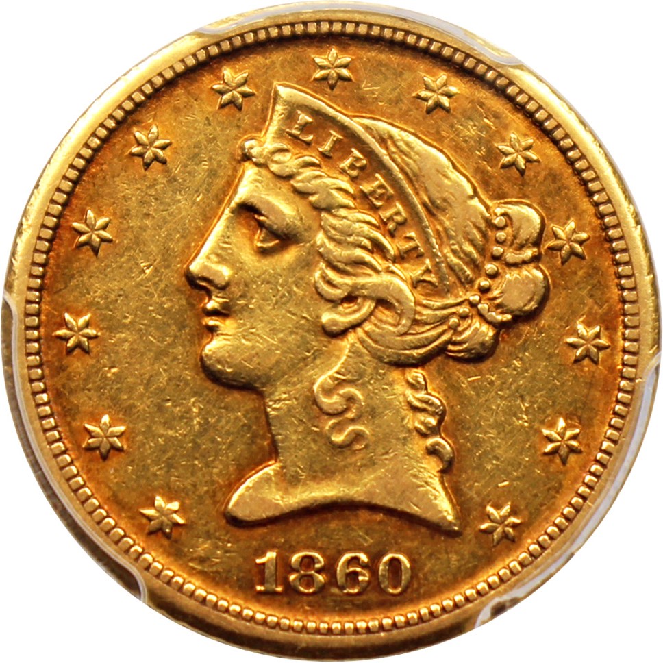 image for: 1860-D $5 PCGS AU53