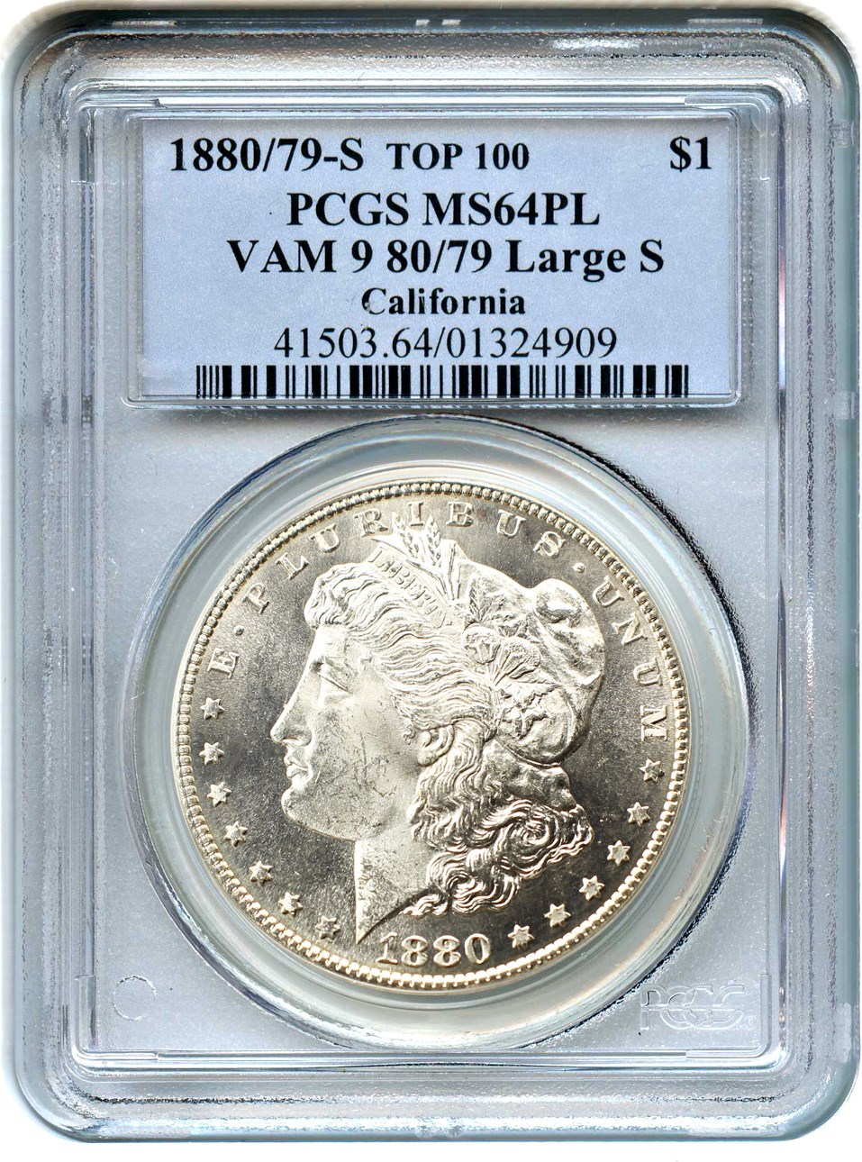 image for: Top 100 VAM: 1880-S $1 PCGS MS64 PL (80/79, VAM-9, Large S)