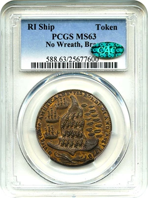 image for: 1779 Rhode Island Ship Token PCGS/CAC MS63 (No Wreath, Brass)
