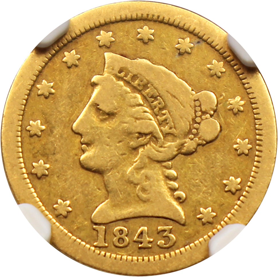 image for: 1843-O $2 1/2 NGC/CAC VG-08 (Large Date)