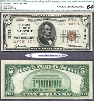 image for: Fr.1800-2 1929 $5 Type 2 CGA Choice CU 64 #12132 Evansville, IN