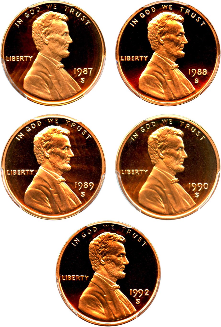 image for: 1987-S, 1988-S, 1989-S, 1990-S, 1992-S 1c PCGS Proof 70 RD DCAM (5 Coin Set)