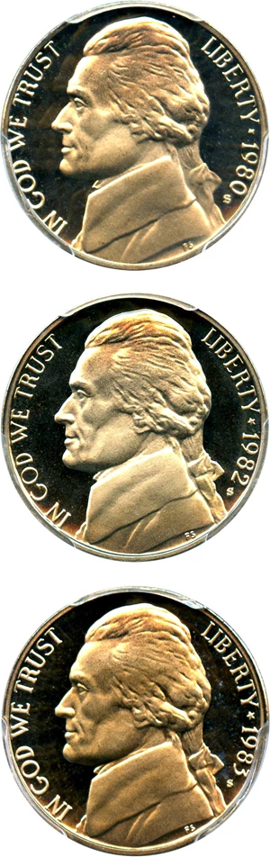 image for: 1980-S, 1982-S, 1983-S 5c PCGS Proof 70 DCAM (3 Coin Set)