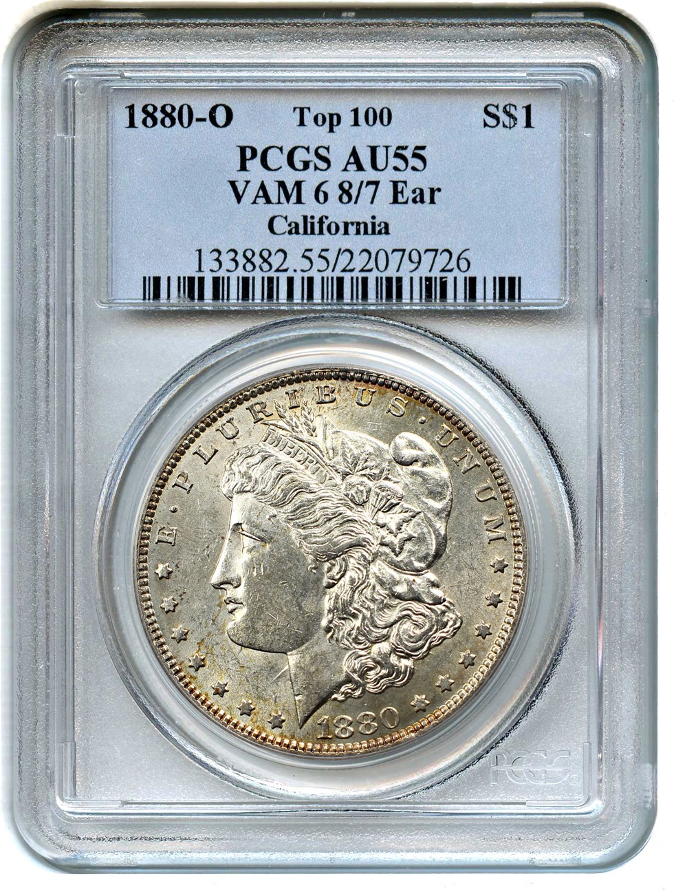 image for: 1880-O $1 PCGS AU55 (VAM-6, 8/7 Ear)