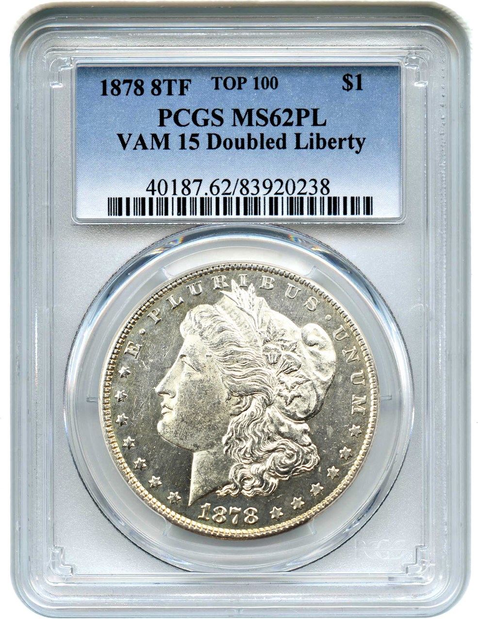 image for: 1878 8TF $1 PCGS MS62PL (VAM-15, Doubled Liberty)