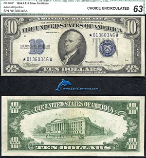 image for: Fr.1702* 1934-A $10 CGA Choice CU 63 *Star*