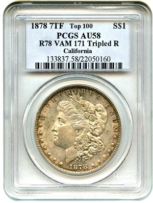image for: 1878 7TF $1 PCGS AU58 (Reverse of 1878, VAM-171, Tripled R)