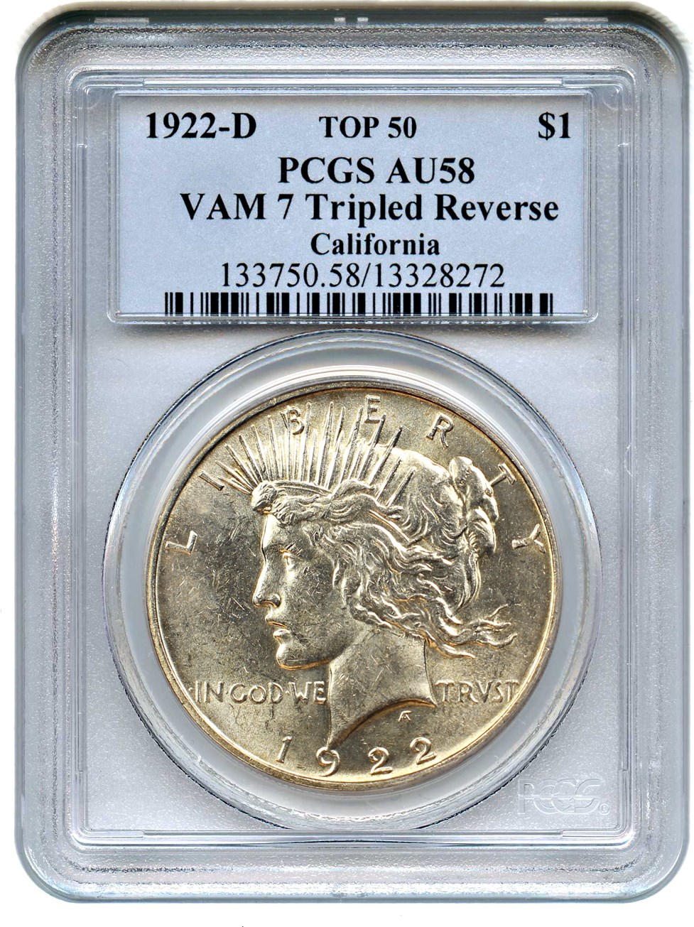 image for: 1922-D $1 PCGS AU58 (VAM-7, Tripled Reverse)
