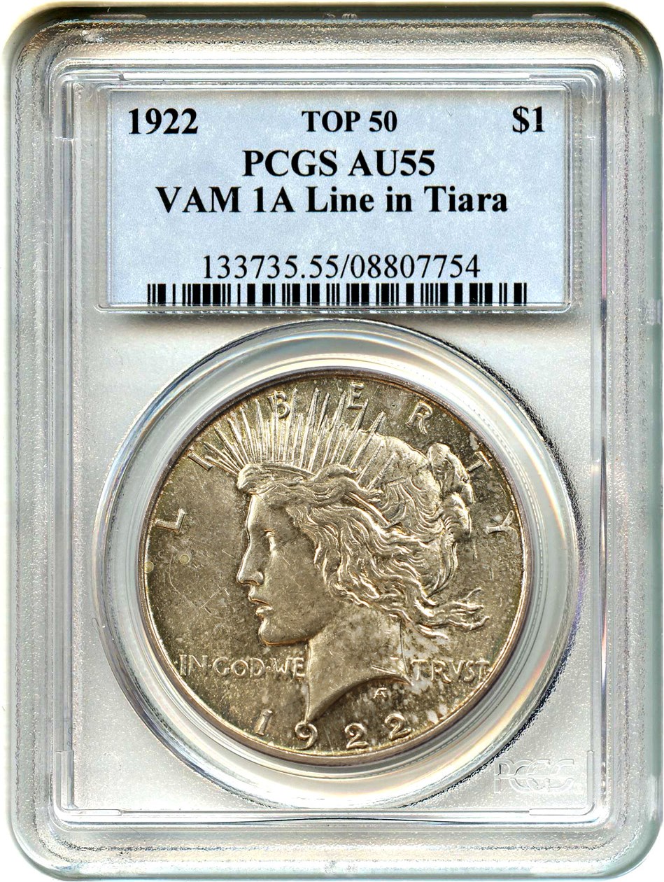 image for: 1922 $1 PCGS AU55 (VAM-1A, Line in Tiara)