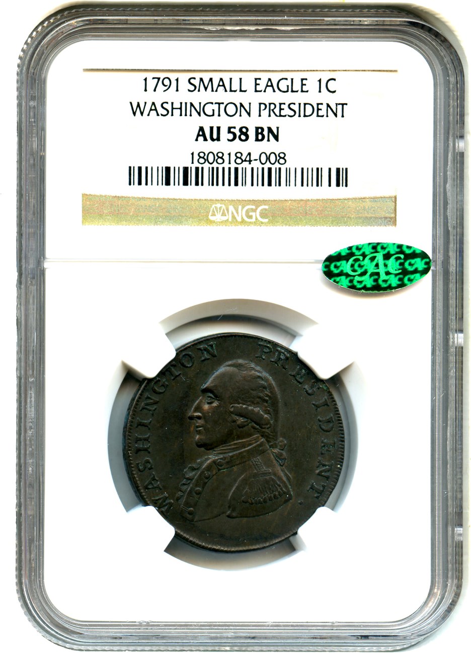 image for: 1791 Washington Cent NGC/CAC AU58 BN (Small Eagle)