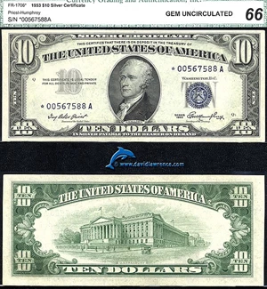 image for: Fr.1706* 1953 $10 CGA Gem CU 66 *Star*
