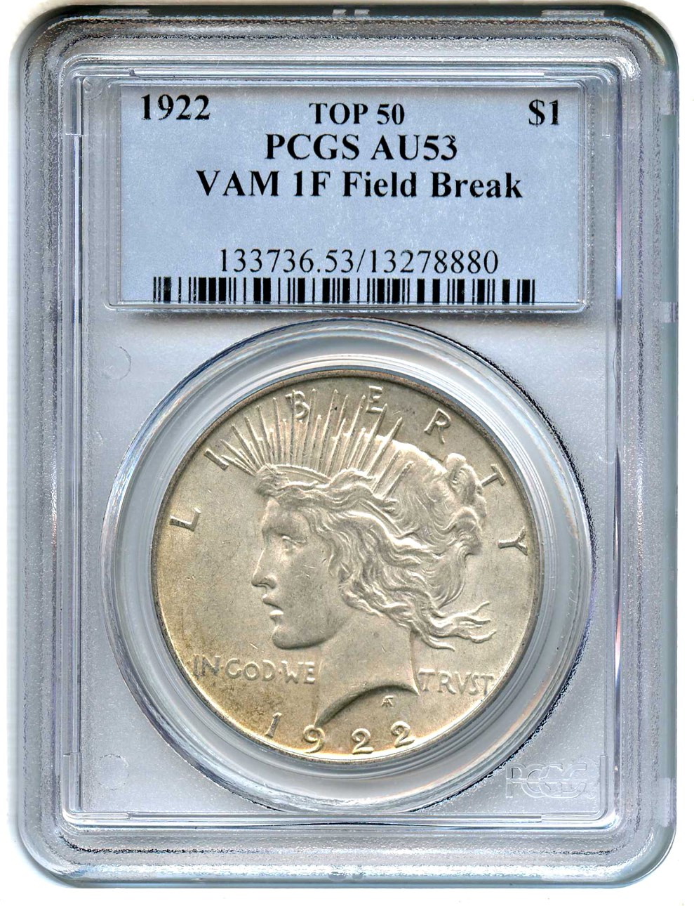 image for: 1922 $1 PCGS AU53 (VAM-1F, Field Break)