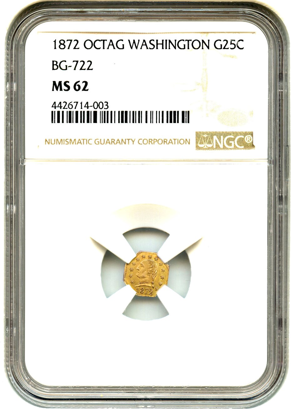 image for: 1872 Cal. Gold 25c NGC MS62 (BG-722 W H)
