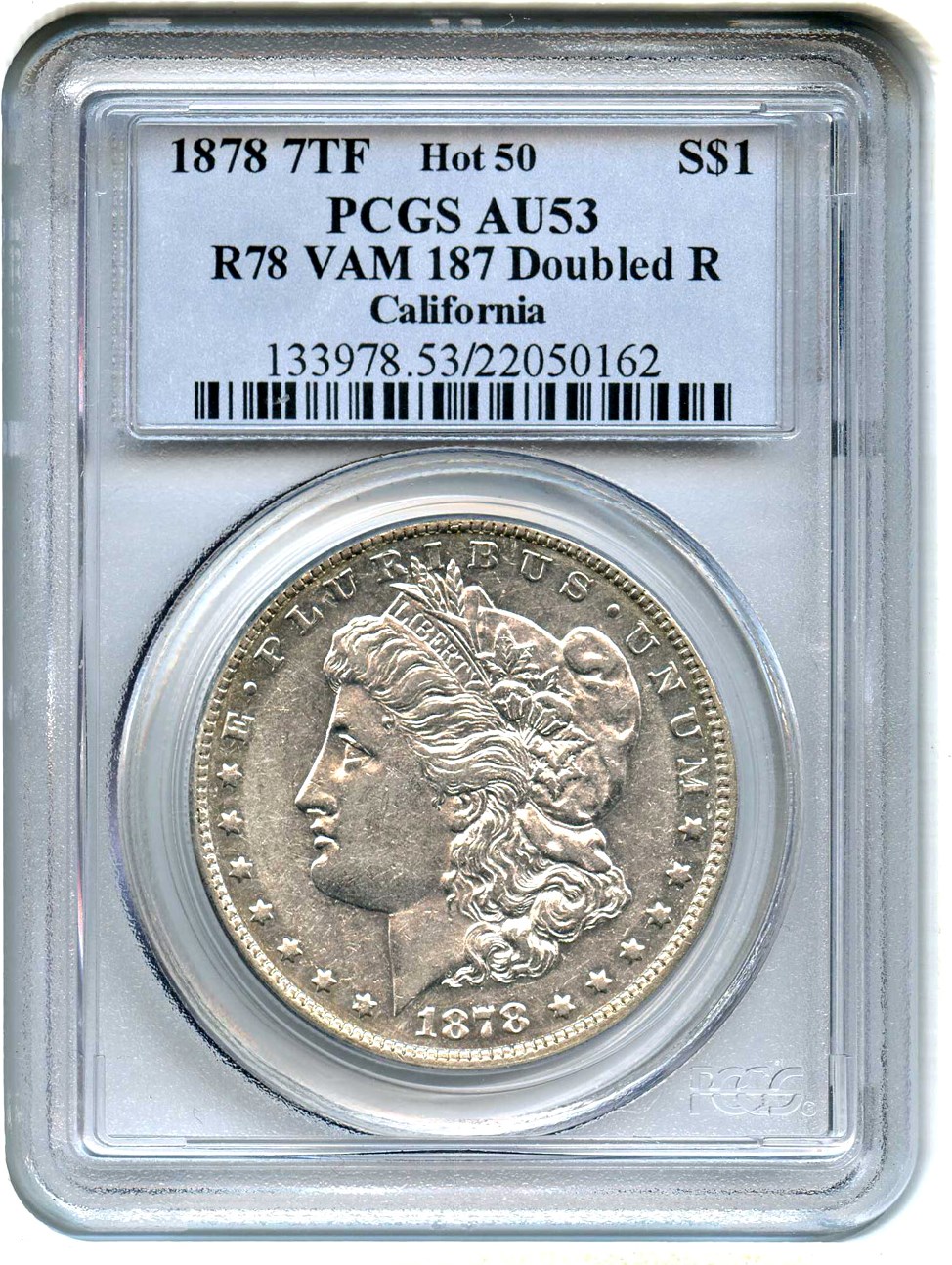 image for: 1878 7TF $1 PCGS AU53 (Reverse of 1878, VAM-187, Doubled R)