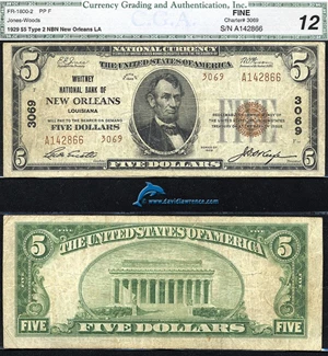 image for: Fr.1800-2 1929 $5 Type 2 CGA F 12 #3069. New Orleans, LA.