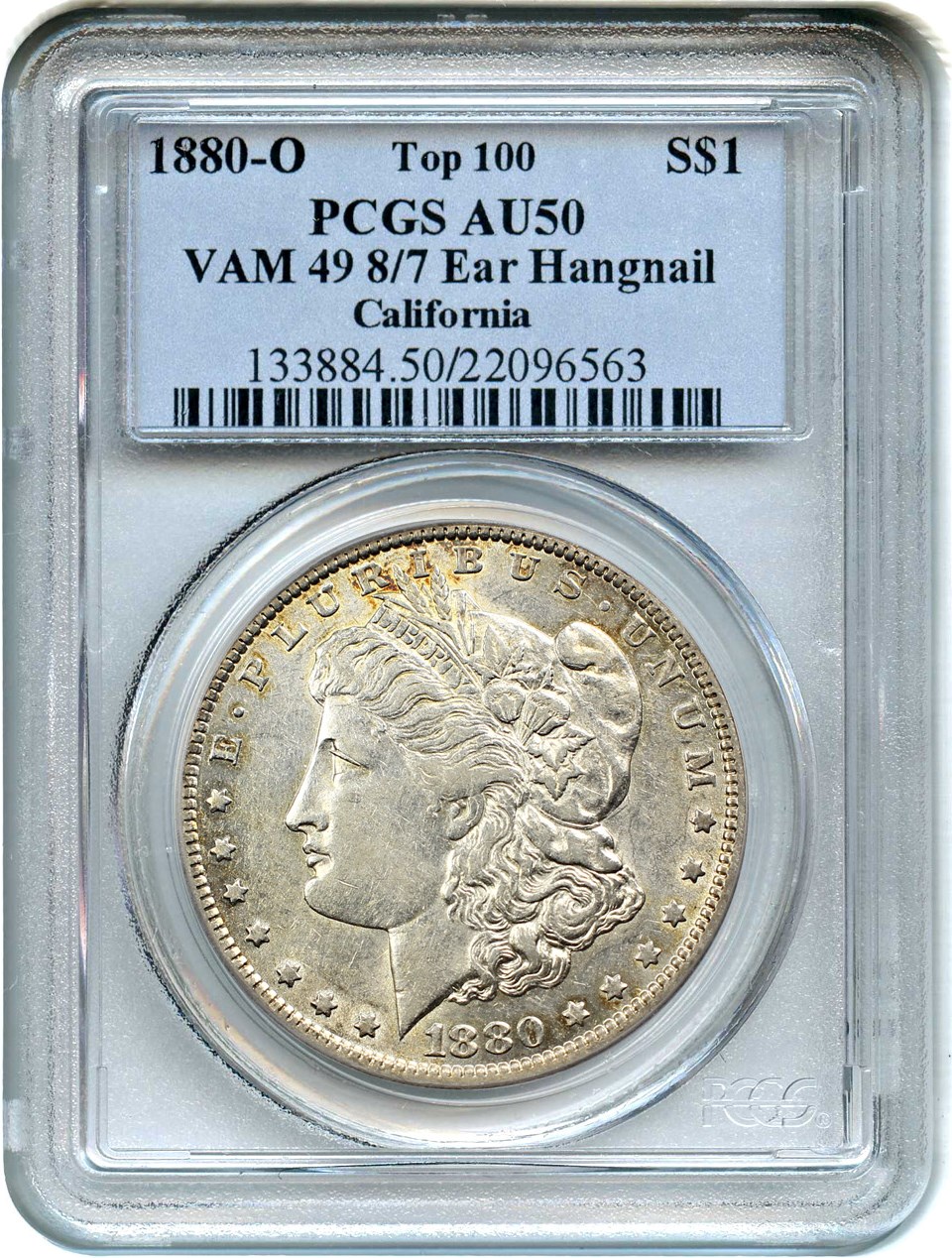 image for: 1880-O $1 PCGS AU50 (VAM-49, 8/7 Ear Hangnail)