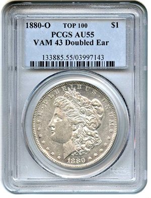 image for: 1880-O $1 PCGS AU55 (VAM-43, Doubled Ear)