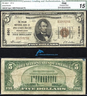 image for: Fr.1800-1 1929 $5 Type 1 CGA F 15 #6301. Pittsburgh, PA.